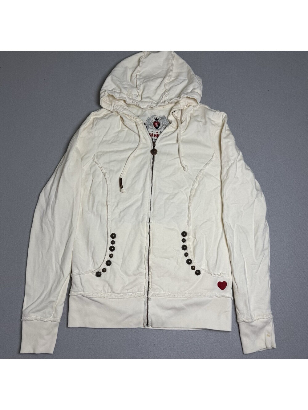Vintage Twisted Heart Hoodie Medium? White Cross Jeweled Embellished Beaded Y2K